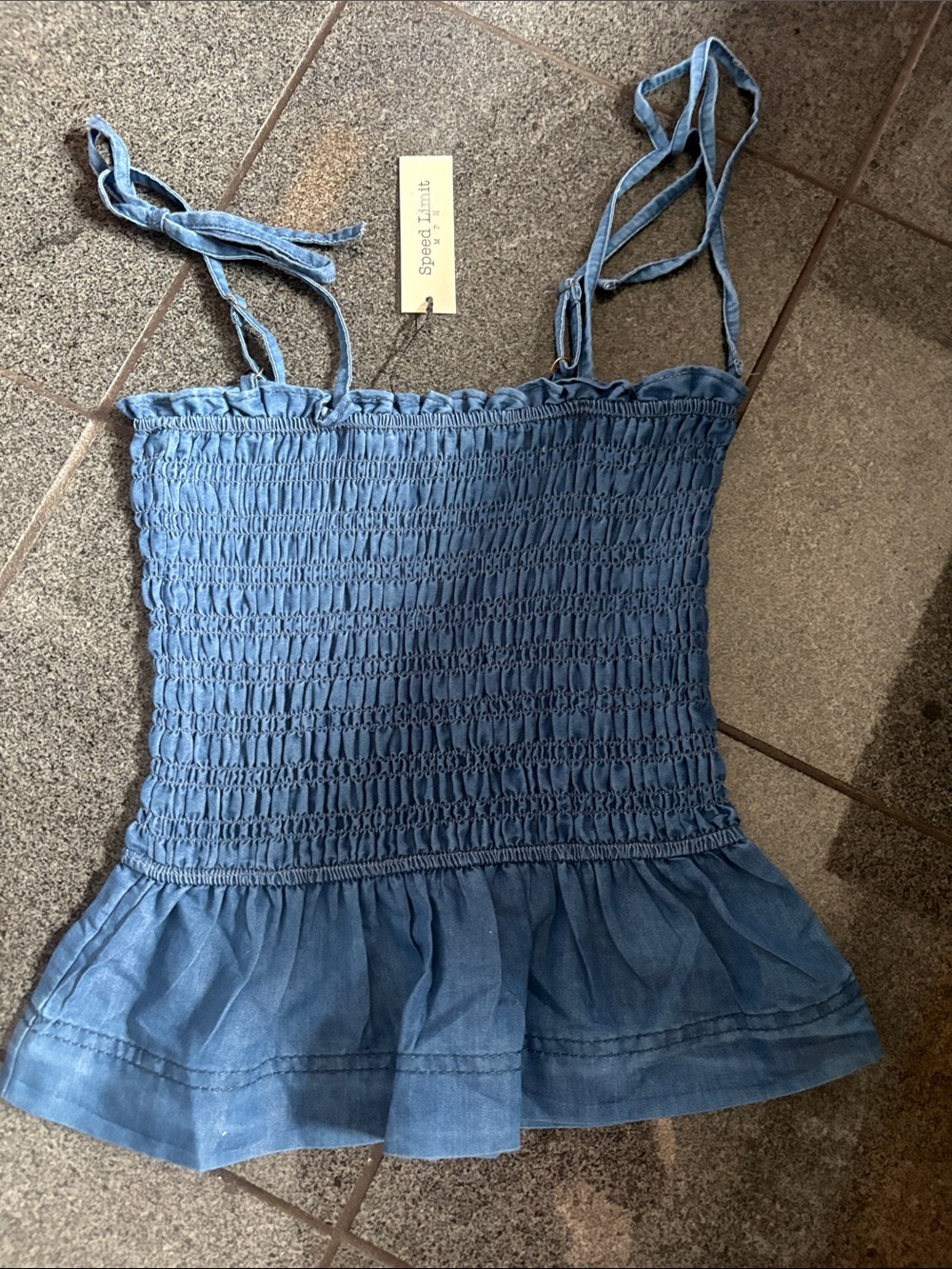 Speed Limit Smocked Blue Tie-Shoulder Peplum Tank
